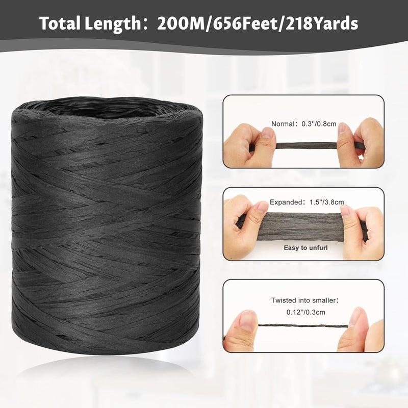 g2plus 218 Yards Raffia Paper Craft Ribbon, 1/4 Inch Wide Raffia Ribbon, Black Packing Paper String for Gift Wrapping, DIY Arts & Crafts, Halloween, Christmas Holiday Decor - Image 3